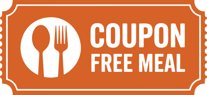 Orange coupon for free meal with fork and spoon icons in white circle for restaurant promotion marketing vector.