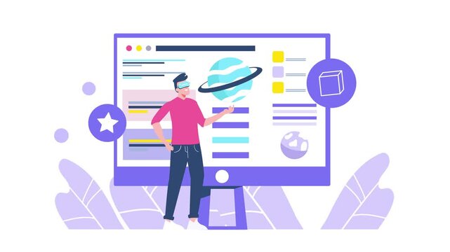 Animated illustration of man using VR headset with futuristic interface