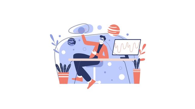 Flat animation of man using VR headset at desk with digital planets
