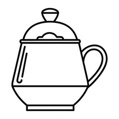 Obraz premium Minimalist sugar bowl vector icon, black and white kitchenware line art, ceramic sugar pot with lid and handle for cafe branding and menu design