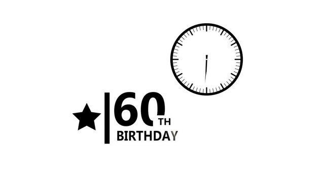 60 birthday minimal black typography with clock icon and star element on white background representing celebration milestone concept clean modern party design 4k visuals