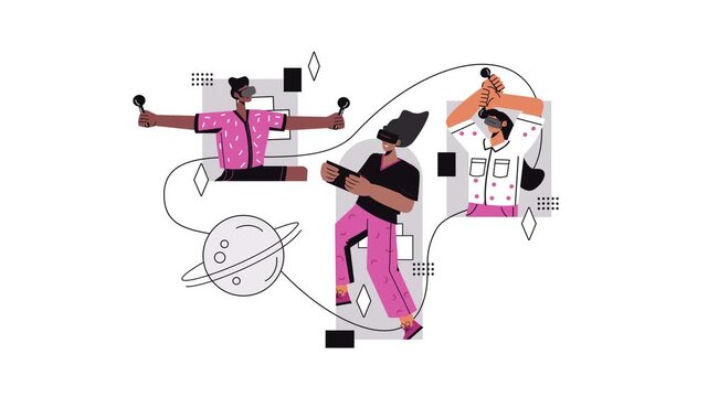 Diverse gamers wearing VR headsets with controllers in vector animation
