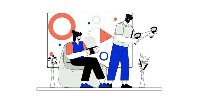 Animation of two people playing virtual reality game in modern room