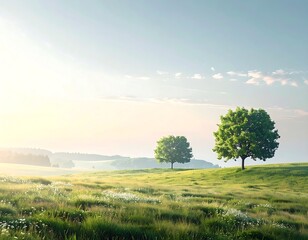 Fototapeta premium Two trees stand on a green hill with grass and flowers under a sunny blue sky with clouds at sunrise