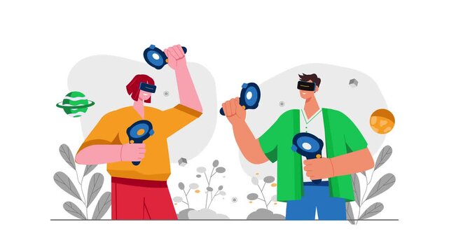 Virtual reality gamers with controllers exploring space animation