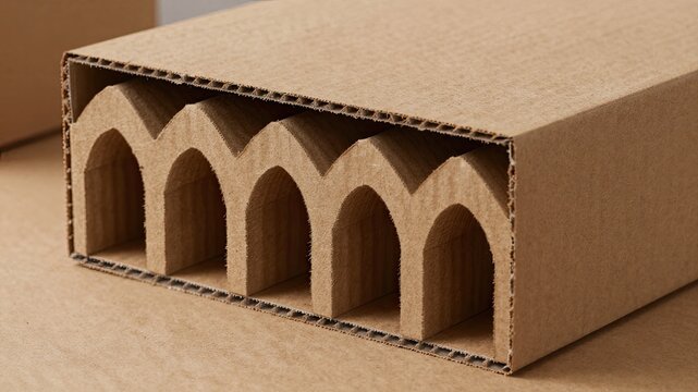 Eco friendly cardboard packaging showing complex laser cut pointed arch dividers in brown kraft box.
