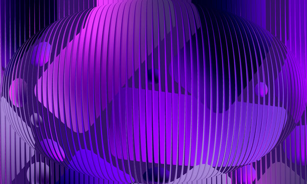 Abstract 3D sphere with vertical purple stripes featuring geometric shapes and spheres on a dark background