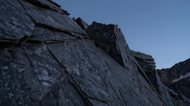 Jagged slate rock formations on mountain side under deep blue twilight sky in high altitude terrain.