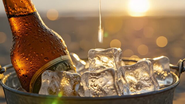 Beer Bottle On Ice Cubes In Sun Glow