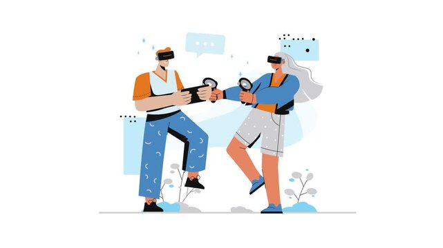 Animated young couple using virtual reality headsets and controllers