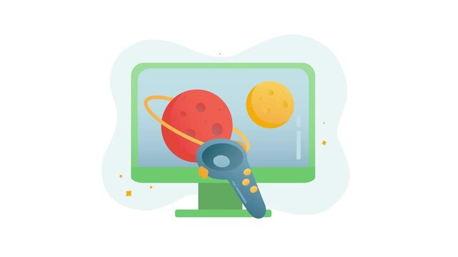 Futuristic space game controller and planet display on computer screen