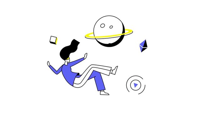 Animated woman floating in abstract space with ringed planet and icons