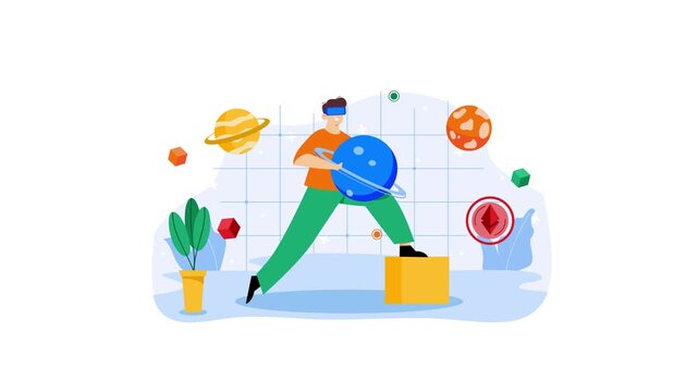 Animated person using VR headset with floating planets in virtual space