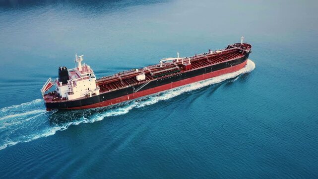 Crude oil tanker underway on vast calm blue sea, aerial view from distance showing full vessel profile with bow wave and wide wake, global energy trade