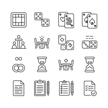 Line art icons depicting various games leisure and office elements