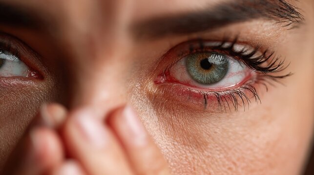 Seasonal allergy symptoms displayed through red eyes and discomfort during springtime