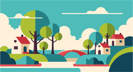 Fototapeta premium Colorful countryside landscape with houses and trees in flat illustration style for travel brochure