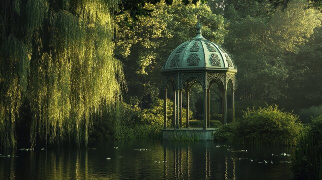 A charming lakeside gazebo surrounded by lush gardens and tranquil water reflections bathed in soft light