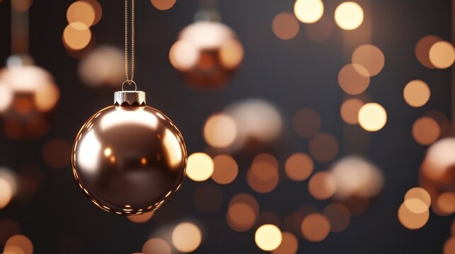 Close-up view of a shiny copper Christmas ornament hanging in front of blurred festive lights