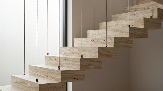 Floating stone stairs suspended by cables in modern interior design showcasing contemporary architecture and minimalist style.