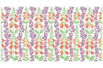 Obraz premium Seamless floral pattern with bell flowers and purple leaves on white background for fabric.