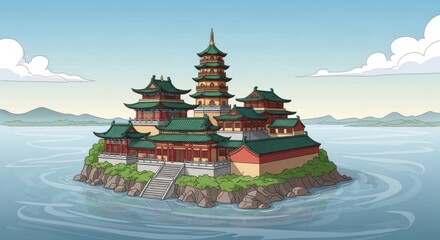Fototapeta premium Ancient Asian architecture blends the Temple of Heaven with traditional Thai and mountain pagodas across a historic landscape featuring Japanese samurai castles and old stone palaces in Beijing