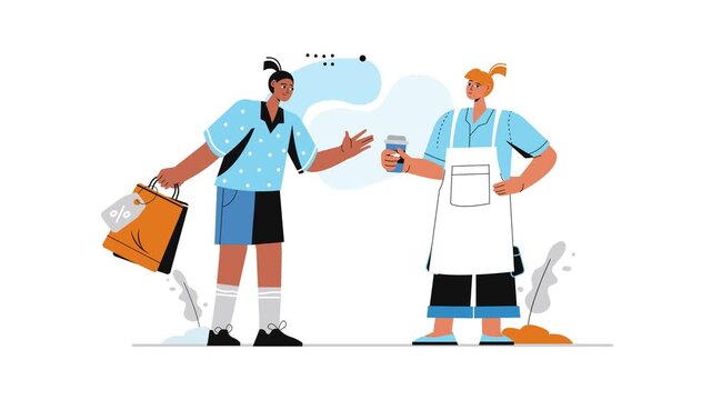 Flat vector animation of two women exchanging shopping bag and coffee
