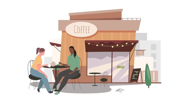 Animated coffee shop exterior with two women chatting at sidewalk cafe
