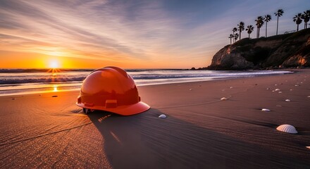 Fototapeta premium Labor day beach sunset with orange hard hat on shore celebrating workers