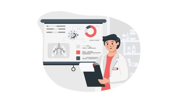 Doctor presenting lung health report beside virus infographic in clinic