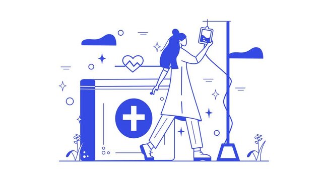 Animated nurse preparing IV drip beside a hospital first aid box