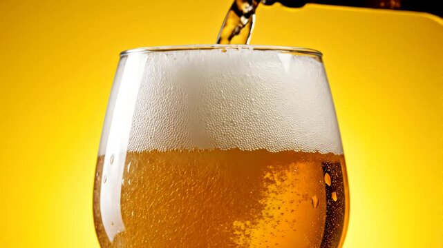 Cold craft light beer pouring in glass from bottle, slow motion close up. Stream wheat malt beverage flowing in clear goblet making dense bubbling foam. Froth heady drink foaming on yellow background