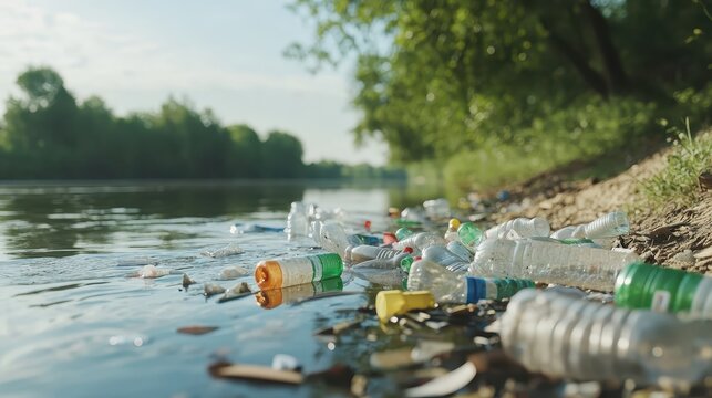 Discarded plastic bottles accumulate on the shore of a polluted river with trees in the background.