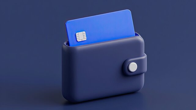 Blue credit card in dark blue wallet 3d render payment security illustration.
