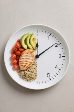 Healthy balanced meal with grilled chicken avocado tomatoes and quinoa on a white plate designed as a clock face symbolizing intermittent fasting and timed nutrition concept