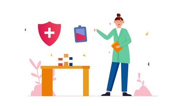 Animated female pharmacist with medicine and medical safety icons