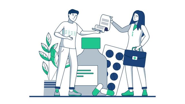 Animated pharmacy team exchanging prescription and medicine