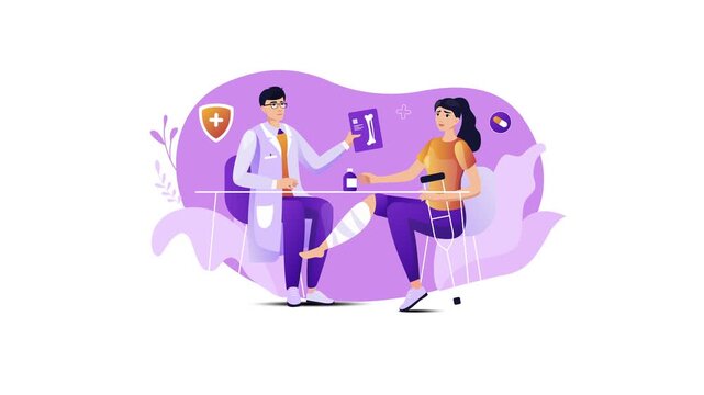 Flat illustration of orthopedic doctor consulting injured woman in clinic