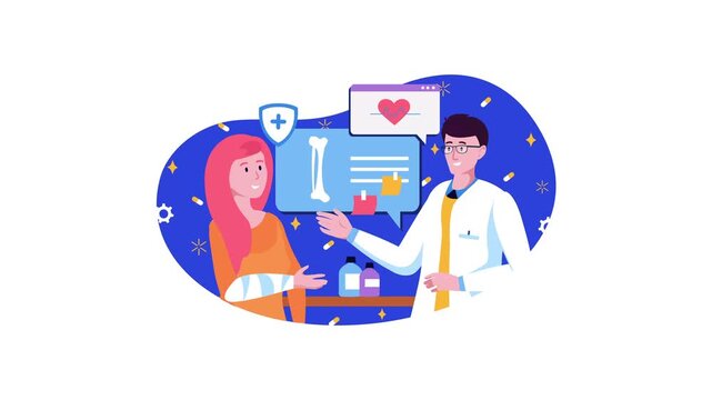Animated doctor consulting female patient with xray bone and heart icons