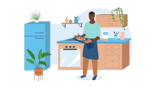 Flat animation of man baking pizza in cozy plant-filled kitchen