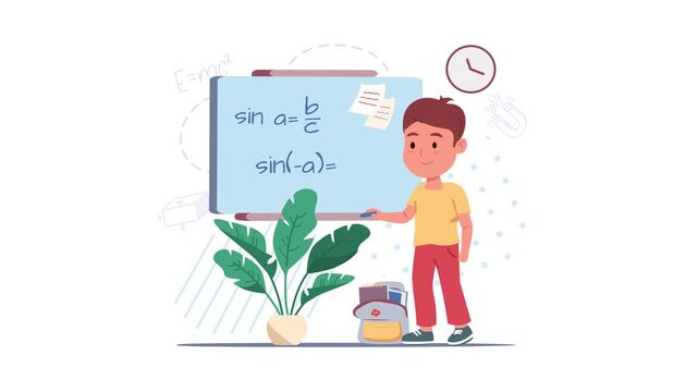 Animated schoolboy solving math equations at classroom whiteboard with books