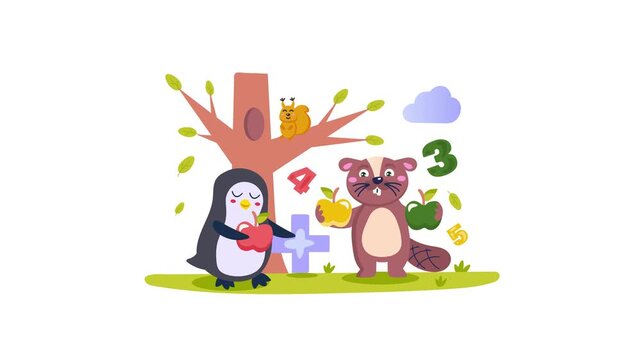 Cute cartoon forest animals teaching counting with fruits and numbers