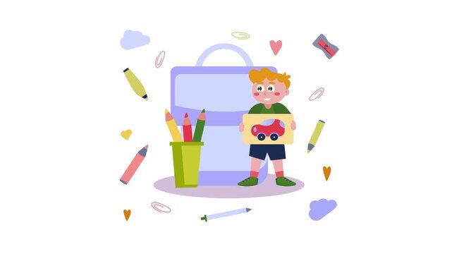 Cartoon boy with backpack and crayons holding car drawing animation
