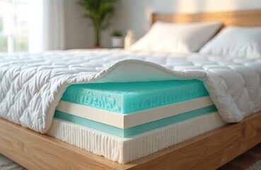 Naklejka premium Cross section of mattress shows multiple foam layers with cutaway view. Blue gel foam and white padding provide comfort and support for restful sleep.