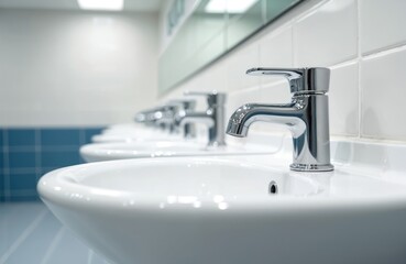 Fototapeta premium Row of clean white ceramic sinks with shiny chrome faucets in a public restroom. Modern design offers ample space for hygiene and hand washing. Facility is orderly.