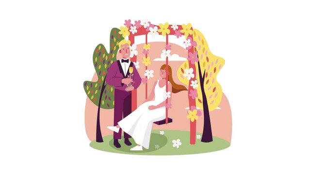 Animated bride and groom on flower decorated swing in spring garden