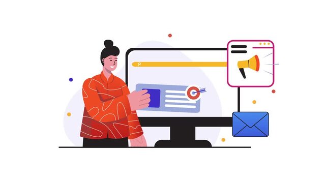 Animated digital marketing woman presenting online campaign alerts