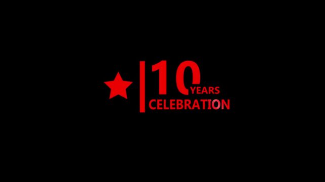 10 years celebration red glowing typography with star icon on dark background highlighting corporate milestone achievement bold modern visual branding concept 4k animation video
