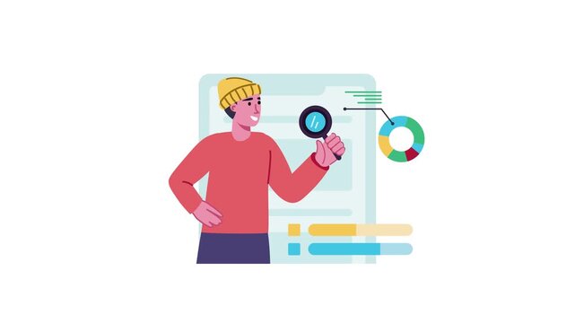 Flat vector animation of man analyzing dashboard with magnifying glass