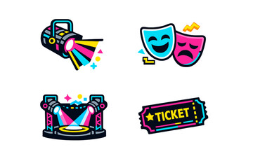 Fototapeta premium Bright stage lights and theater masks with ticket, celebrating live performances in a fun and colorful design for arts events